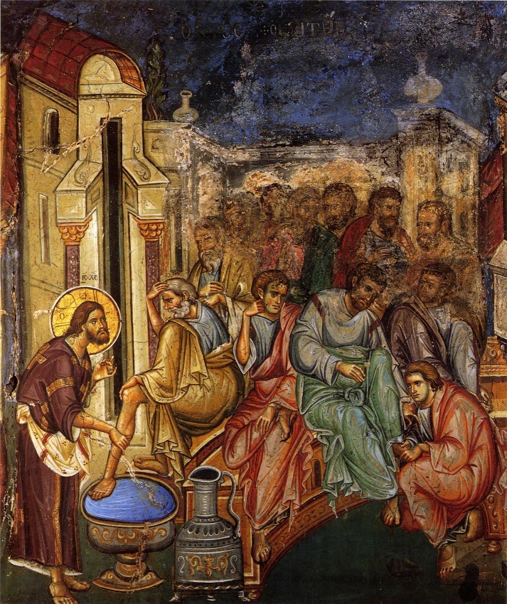 El lavado de los pies de los apóstoles. El principio XIV c., Fresco del monasterio Vatoped, Athos